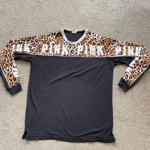PINK Victoria’s Secret Color Block Long Sleeve Cheetah Campus Tee SZ Small - Picture 2 of 8